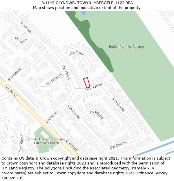 3, LLYS GLYNDWR, TOWYN, ABERGELE, LL22 9PA: Location map and indicative extent of plot