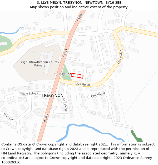 3, LLYS MELYN, TREGYNON, NEWTOWN, SY16 3EE: Location map and indicative extent of plot