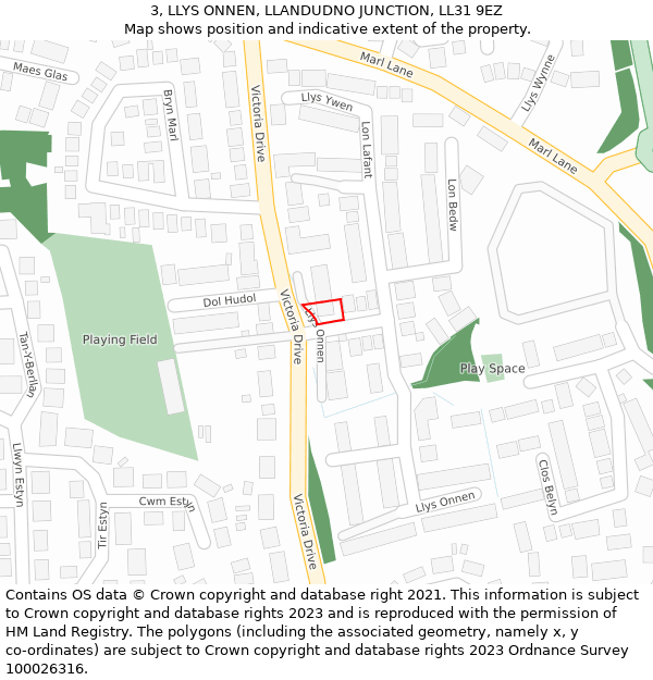 3, LLYS ONNEN, LLANDUDNO JUNCTION, LL31 9EZ: Location map and indicative extent of plot