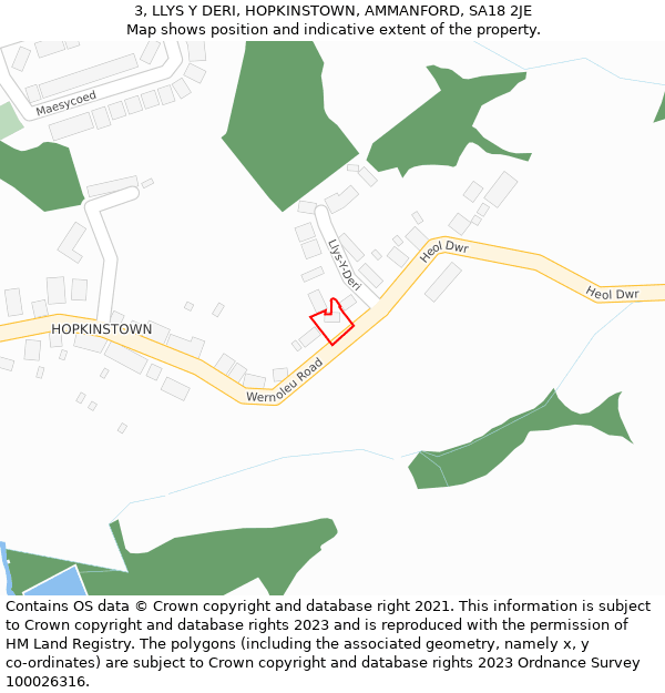 3, LLYS Y DERI, HOPKINSTOWN, AMMANFORD, SA18 2JE: Location map and indicative extent of plot