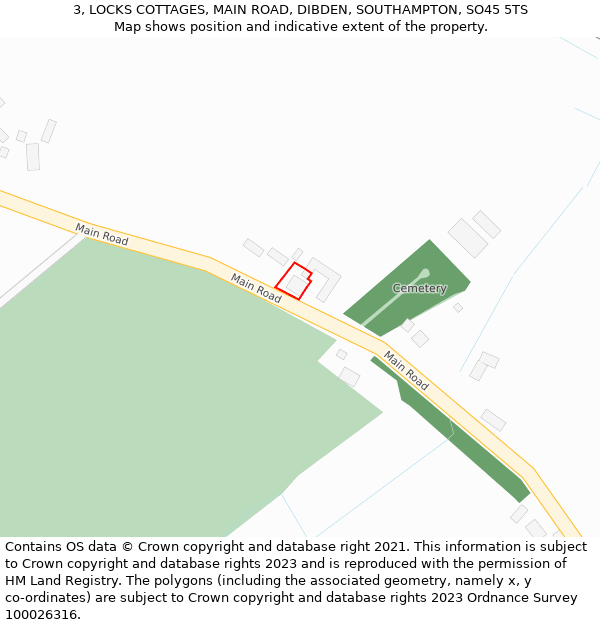 3, LOCKS COTTAGES, MAIN ROAD, DIBDEN, SOUTHAMPTON, SO45 5TS: Location map and indicative extent of plot