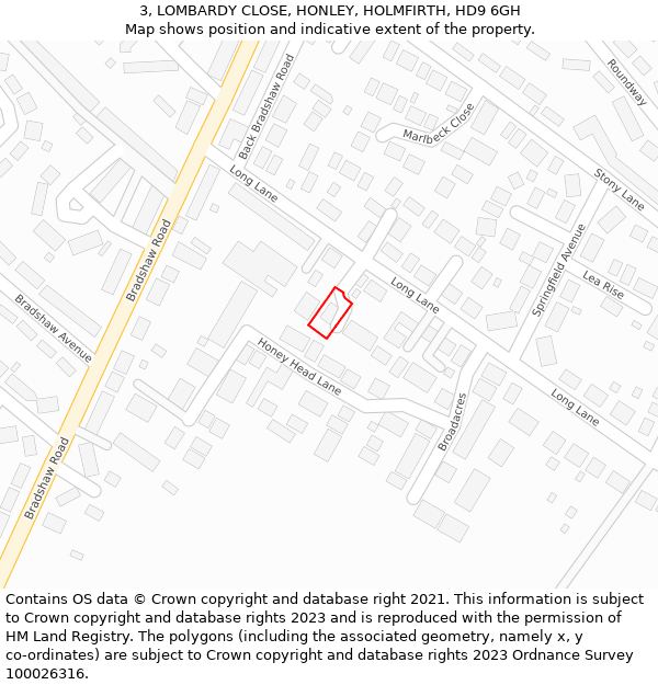 3, LOMBARDY CLOSE, HONLEY, HOLMFIRTH, HD9 6GH: Location map and indicative extent of plot