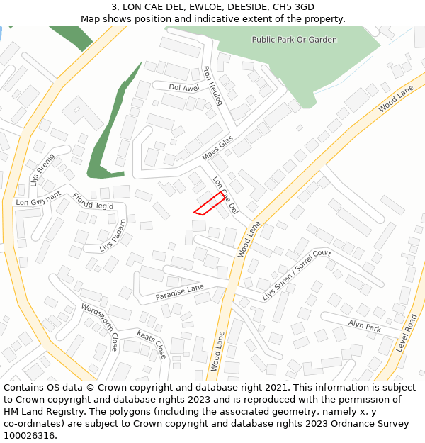 3, LON CAE DEL, EWLOE, DEESIDE, CH5 3GD: Location map and indicative extent of plot