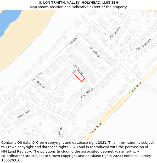 3, LON TRAETH, VALLEY, HOLYHEAD, LL65 3BH: Location map and indicative extent of plot