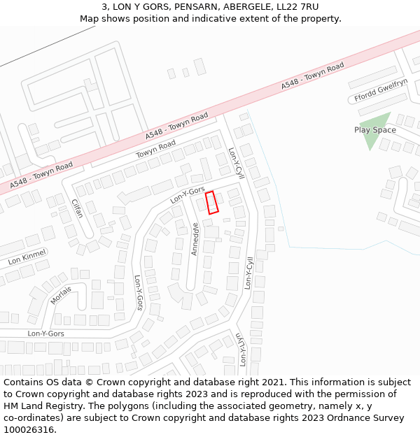 3, LON Y GORS, PENSARN, ABERGELE, LL22 7RU: Location map and indicative extent of plot