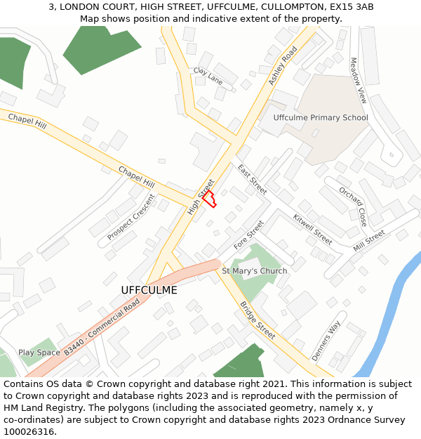 3, LONDON COURT, HIGH STREET, UFFCULME, CULLOMPTON, EX15 3AB: Location map and indicative extent of plot