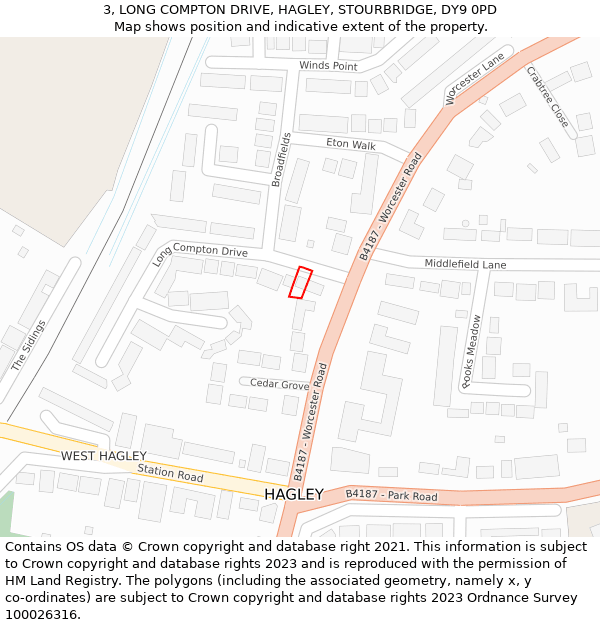 3, LONG COMPTON DRIVE, HAGLEY, STOURBRIDGE, DY9 0PD: Location map and indicative extent of plot