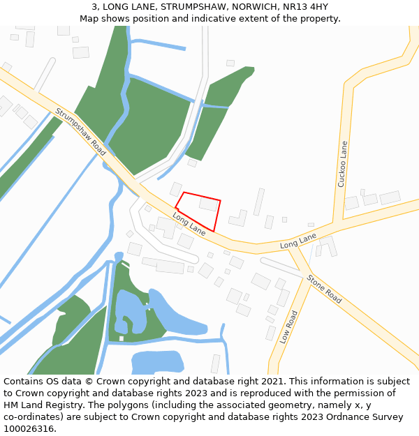 3, LONG LANE, STRUMPSHAW, NORWICH, NR13 4HY: Location map and indicative extent of plot