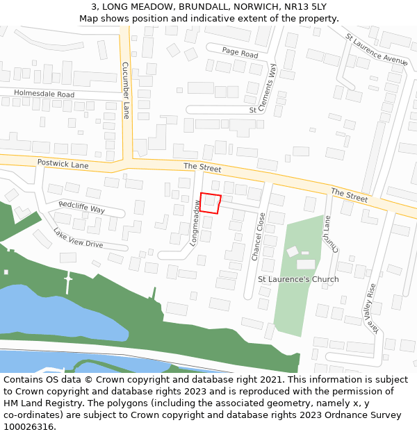 3, LONG MEADOW, BRUNDALL, NORWICH, NR13 5LY: Location map and indicative extent of plot