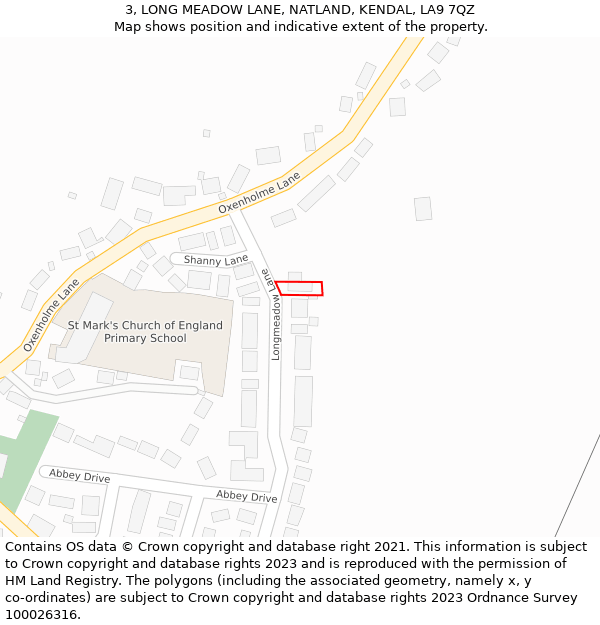 3, LONG MEADOW LANE, NATLAND, KENDAL, LA9 7QZ: Location map and indicative extent of plot