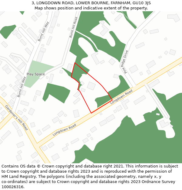 3, LONGDOWN ROAD, LOWER BOURNE, FARNHAM, GU10 3JS: Location map and indicative extent of plot