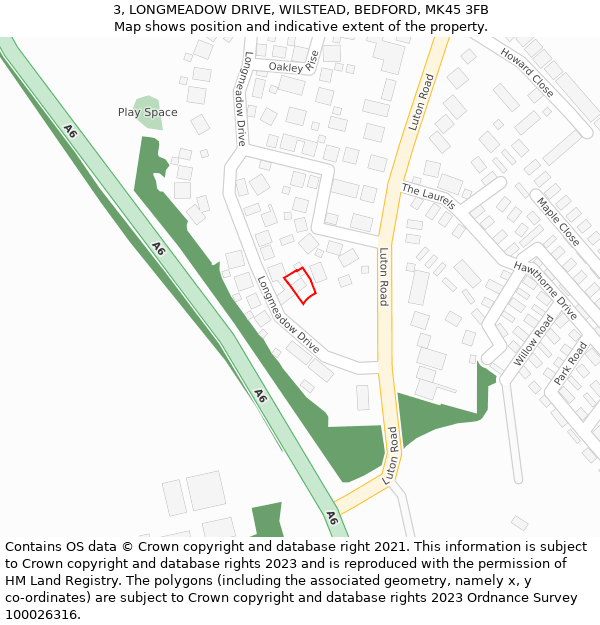 3, LONGMEADOW DRIVE, WILSTEAD, BEDFORD, MK45 3FB: Location map and indicative extent of plot