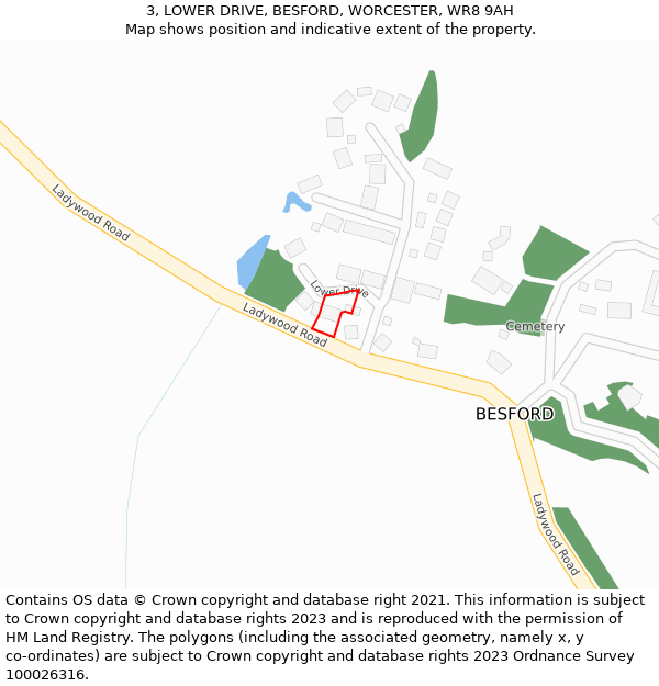 3, LOWER DRIVE, BESFORD, WORCESTER, WR8 9AH: Location map and indicative extent of plot