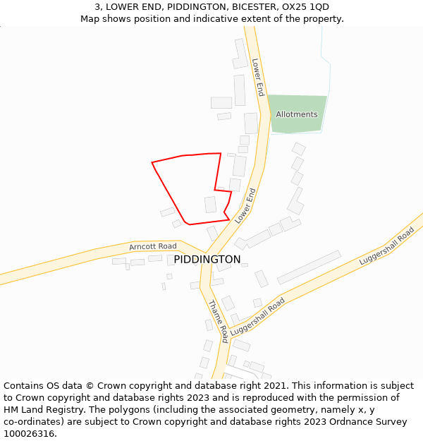 3, LOWER END, PIDDINGTON, BICESTER, OX25 1QD: Location map and indicative extent of plot