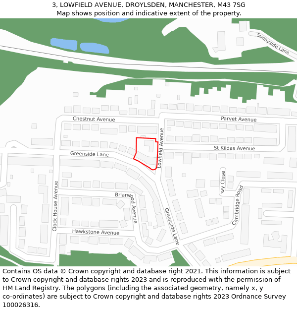 3, LOWFIELD AVENUE, DROYLSDEN, MANCHESTER, M43 7SG: Location map and indicative extent of plot