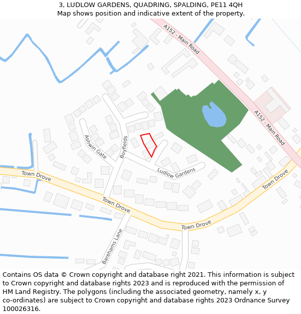3, LUDLOW GARDENS, QUADRING, SPALDING, PE11 4QH: Location map and indicative extent of plot