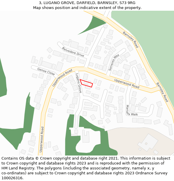 3, LUGANO GROVE, DARFIELD, BARNSLEY, S73 9RG: Location map and indicative extent of plot