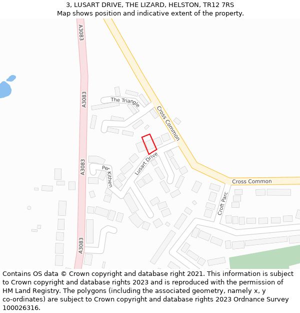 3, LUSART DRIVE, THE LIZARD, HELSTON, TR12 7RS: Location map and indicative extent of plot