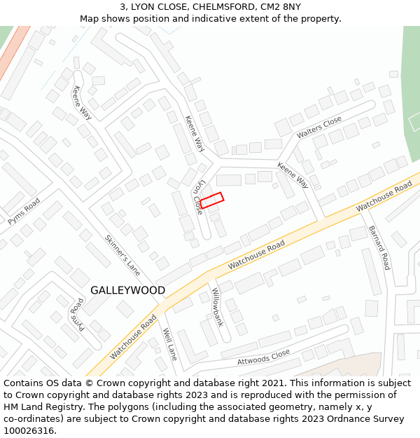 3, LYON CLOSE, CHELMSFORD, CM2 8NY: Location map and indicative extent of plot