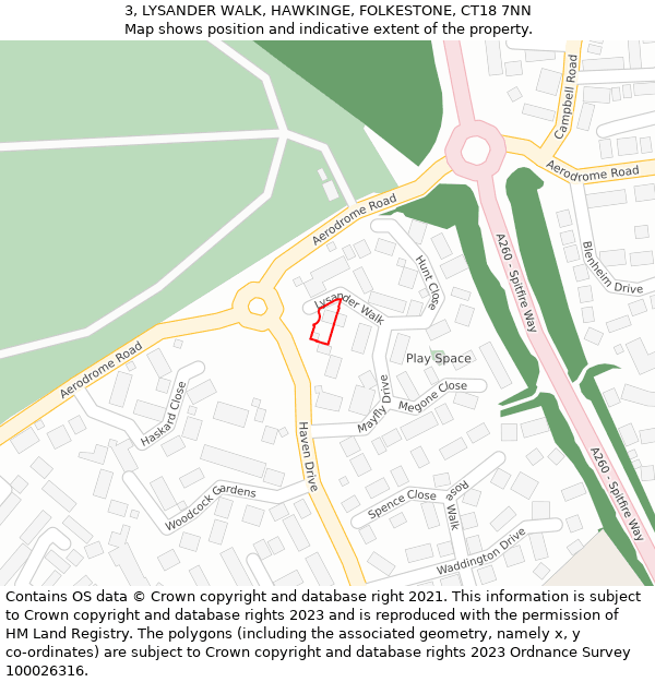 3, LYSANDER WALK, HAWKINGE, FOLKESTONE, CT18 7NN: Location map and indicative extent of plot