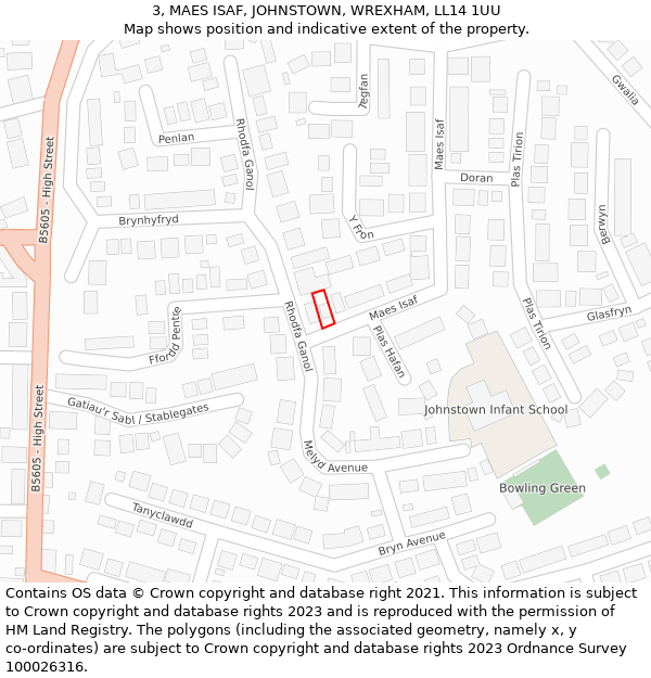 3, MAES ISAF, JOHNSTOWN, WREXHAM, LL14 1UU: Location map and indicative extent of plot