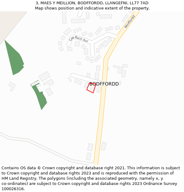 3, MAES Y MEILLION, BODFFORDD, LLANGEFNI, LL77 7AD: Location map and indicative extent of plot