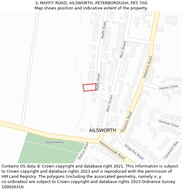 3, MAFFIT ROAD, AILSWORTH, PETERBOROUGH, PE5 7AG: Location map and indicative extent of plot