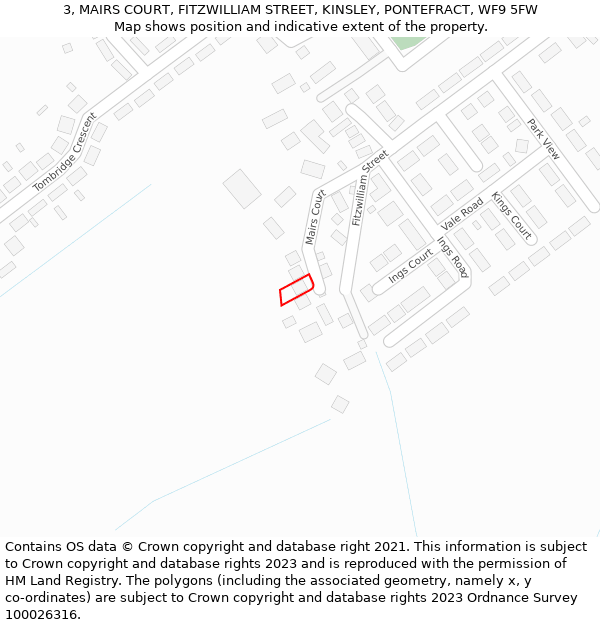 3, MAIRS COURT, FITZWILLIAM STREET, KINSLEY, PONTEFRACT, WF9 5FW: Location map and indicative extent of plot