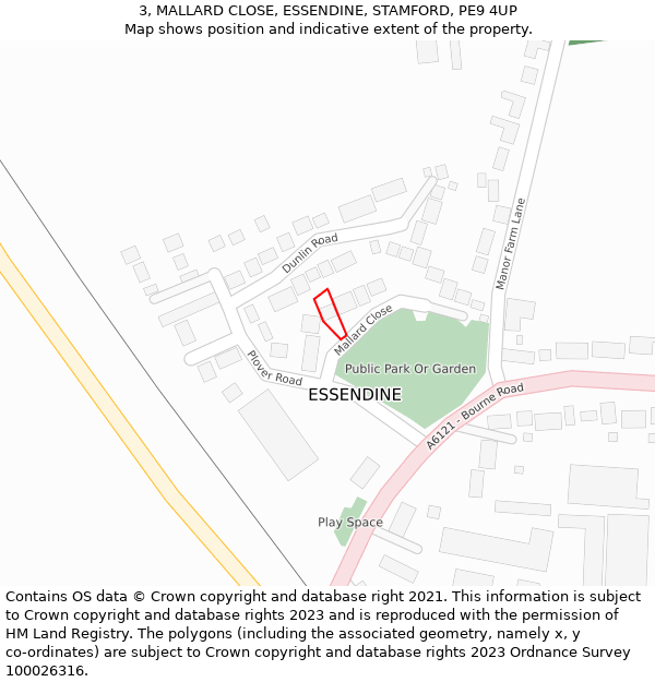 3, MALLARD CLOSE, ESSENDINE, STAMFORD, PE9 4UP: Location map and indicative extent of plot