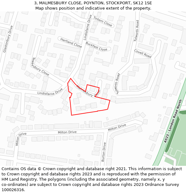 3, MALMESBURY CLOSE, POYNTON, STOCKPORT, SK12 1SE: Location map and indicative extent of plot