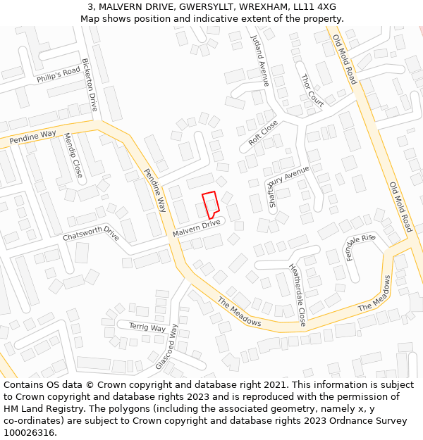 3, MALVERN DRIVE, GWERSYLLT, WREXHAM, LL11 4XG: Location map and indicative extent of plot