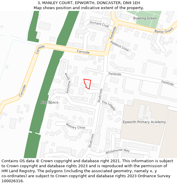3, MANLEY COURT, EPWORTH, DONCASTER, DN9 1EH: Location map and indicative extent of plot