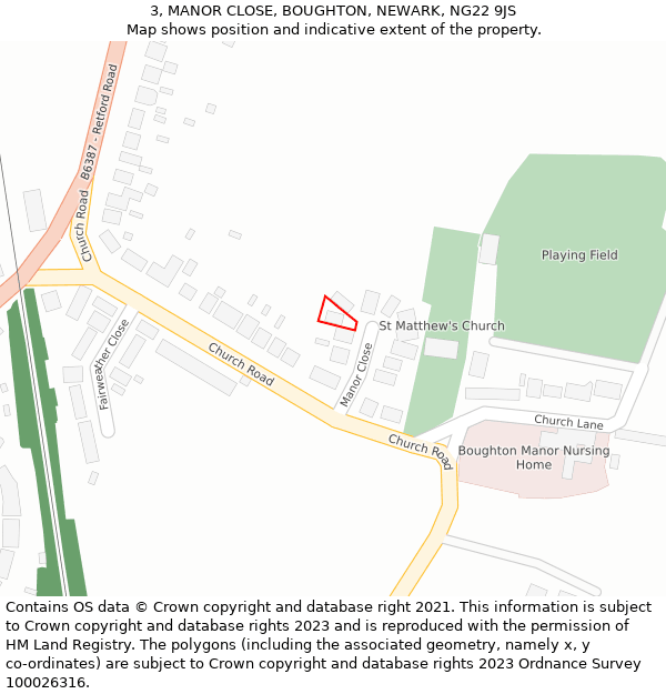 3, MANOR CLOSE, BOUGHTON, NEWARK, NG22 9JS: Location map and indicative extent of plot