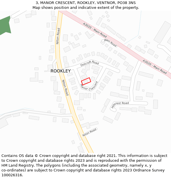 3, MANOR CRESCENT, ROOKLEY, VENTNOR, PO38 3NS: Location map and indicative extent of plot