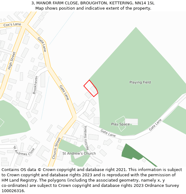 3, MANOR FARM CLOSE, BROUGHTON, KETTERING, NN14 1SL: Location map and indicative extent of plot