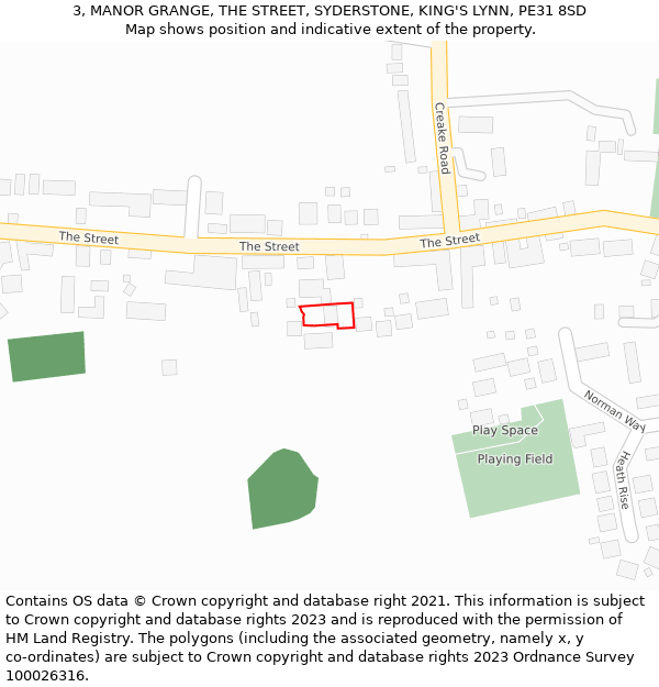 3, MANOR GRANGE, THE STREET, SYDERSTONE, KING'S LYNN, PE31 8SD: Location map and indicative extent of plot
