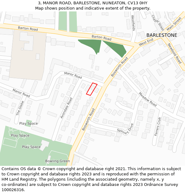 3, MANOR ROAD, BARLESTONE, NUNEATON, CV13 0HY: Location map and indicative extent of plot