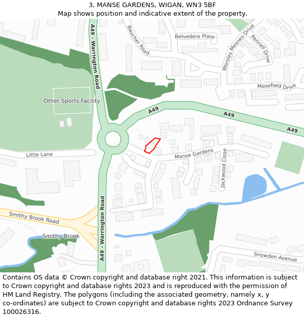 3, MANSE GARDENS, WIGAN, WN3 5BF: Location map and indicative extent of plot