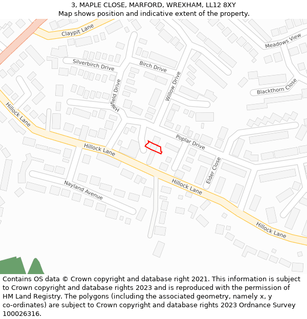 3, MAPLE CLOSE, MARFORD, WREXHAM, LL12 8XY: Location map and indicative extent of plot