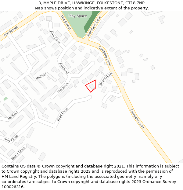 3, MAPLE DRIVE, HAWKINGE, FOLKESTONE, CT18 7NP: Location map and indicative extent of plot