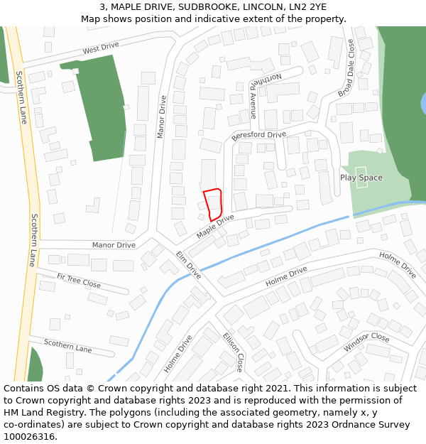 3, MAPLE DRIVE, SUDBROOKE, LINCOLN, LN2 2YE: Location map and indicative extent of plot