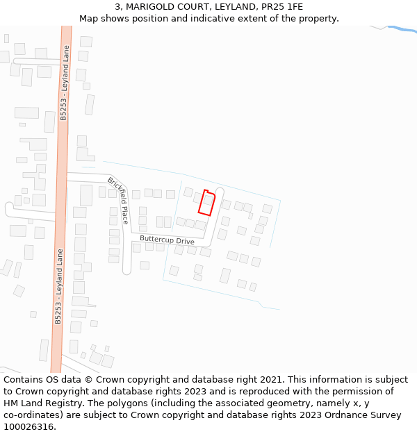 3, MARIGOLD COURT, LEYLAND, PR25 1FE: Location map and indicative extent of plot