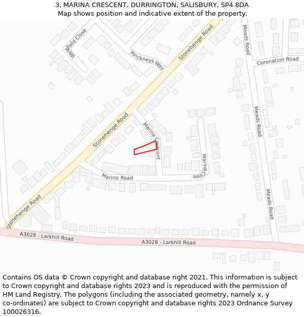 3, MARINA CRESCENT, DURRINGTON, SALISBURY, SP4 8DA: Location map and indicative extent of plot