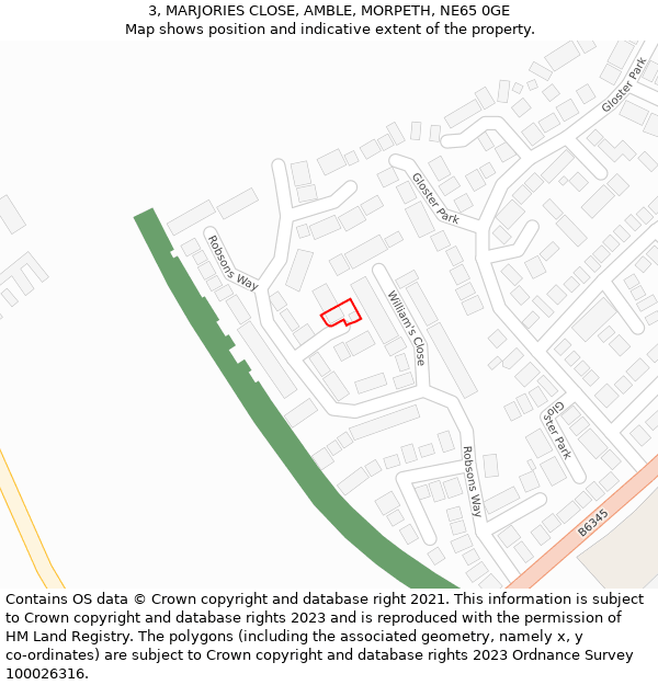 3, MARJORIES CLOSE, AMBLE, MORPETH, NE65 0GE: Location map and indicative extent of plot