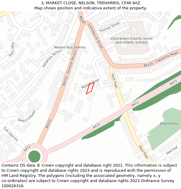 3, MARKET CLOSE, NELSON, TREHARRIS, CF46 6AZ: Location map and indicative extent of plot