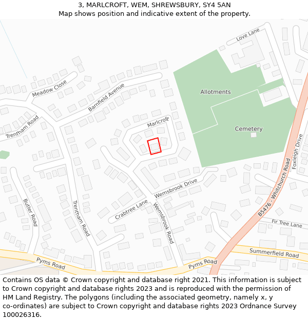 3, MARLCROFT, WEM, SHREWSBURY, SY4 5AN: Location map and indicative extent of plot