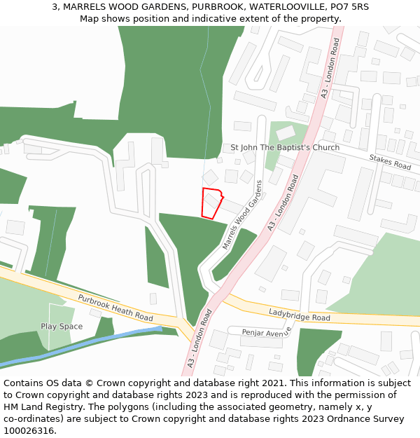 3, MARRELS WOOD GARDENS, PURBROOK, WATERLOOVILLE, PO7 5RS: Location map and indicative extent of plot