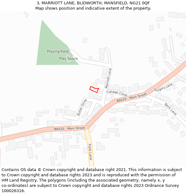 3, MARRIOTT LANE, BLIDWORTH, MANSFIELD, NG21 0QF: Location map and indicative extent of plot