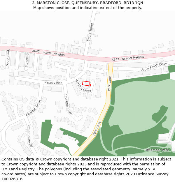 3, MARSTON CLOSE, QUEENSBURY, BRADFORD, BD13 1QN: Location map and indicative extent of plot