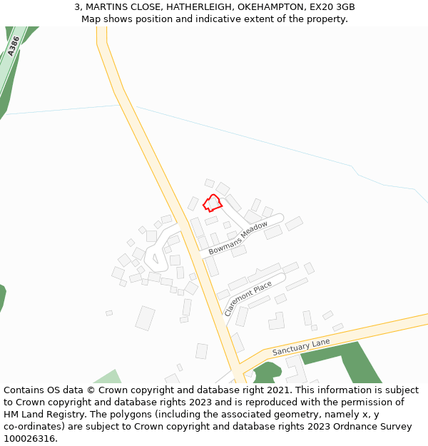 3, MARTINS CLOSE, HATHERLEIGH, OKEHAMPTON, EX20 3GB: Location map and indicative extent of plot